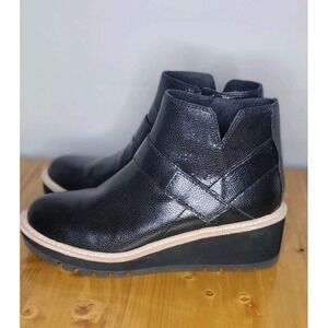 Eileen Fisher Cargo Black Leather Zip Wedge Heel Ankle Bootie, Size 6.5